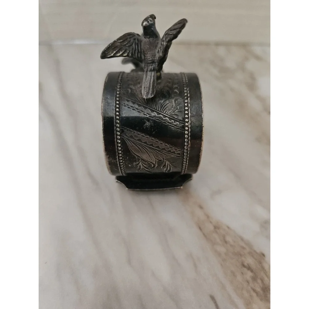 Victorian Silver Plated Figural Napkin Ring w/Dog & Bird - Inscribed Mattie